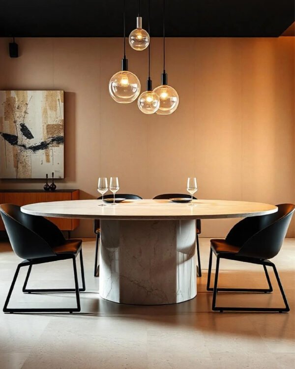 Table à manger ovale en travertin avec 1 pied central hexagonal