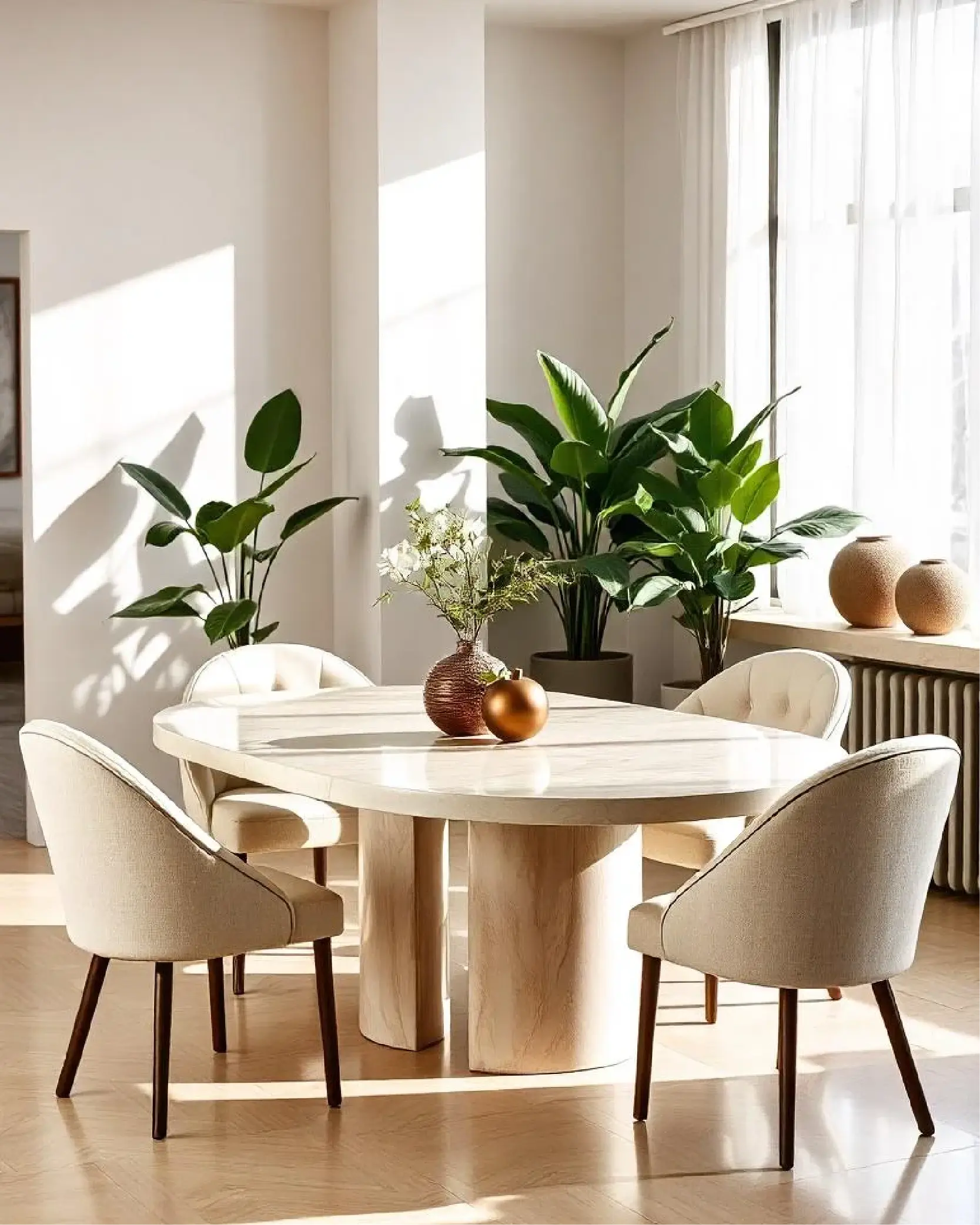 Table à manger ovale en travertin pieds demi-cercle | Aeden