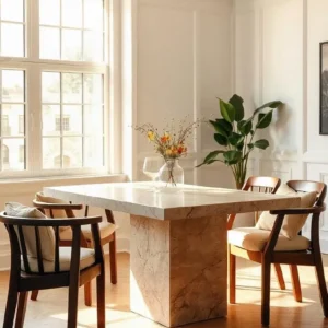 Table à manger rectangulaire en travertin pied central cubique | Neola