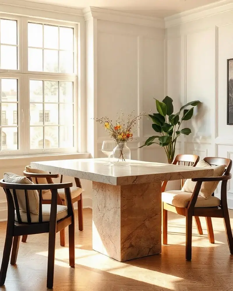 Table à manger rectangulaire en travertin pied central cubique | Neola