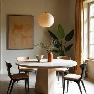 Table à manger ronde en travertin pied central conique | Leya