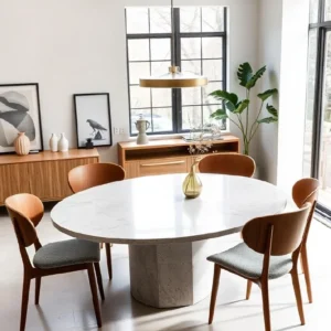 Table à manger ronde en travertin pied central hexagonal | Anaya