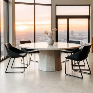 Table à manger ronde en travertin pied central octogonal | Anya