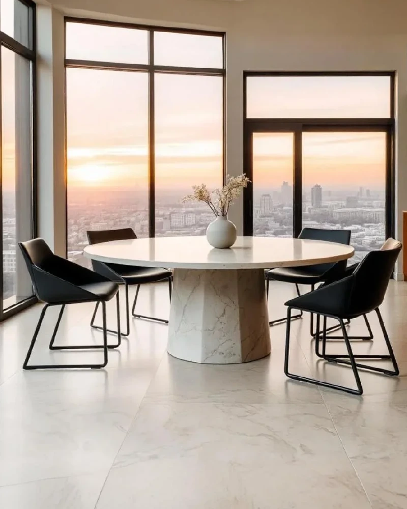 Table à manger ronde en travertin pied central octogonal | Anya