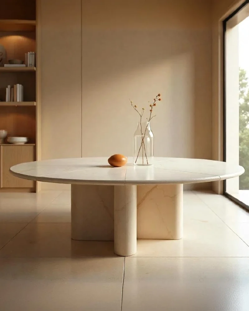 Table à manger ronde en travertin pieds en croix | Anava