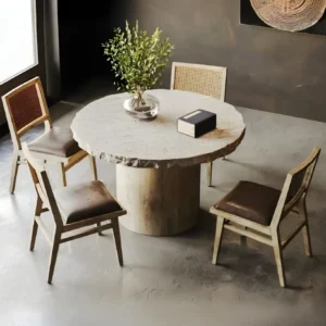 Table à manger ronde en travertin plateau brut pied lisse | Isea