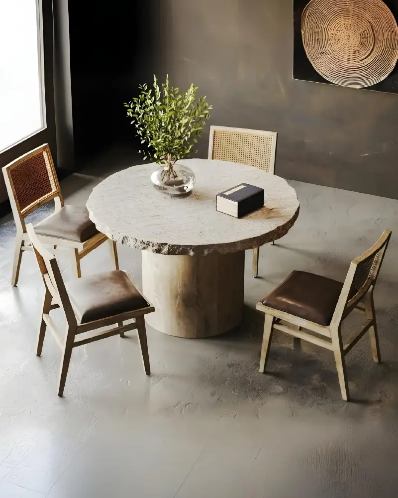 Table à manger ronde en travertin plateau brut pied lisse | Isea