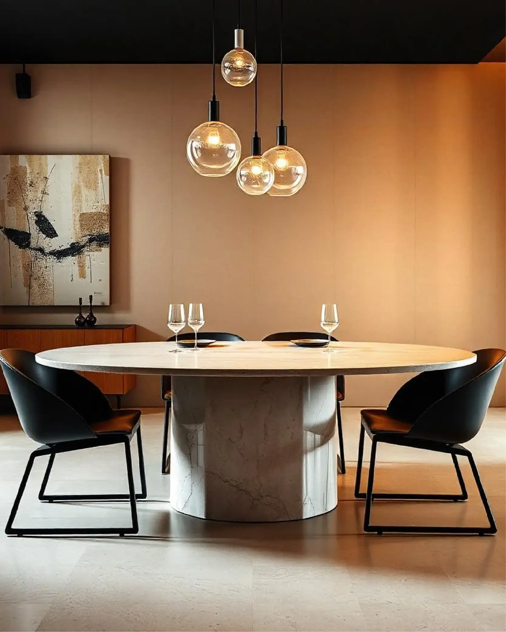 Table à manger ronde en travertin pied pilier | Calista