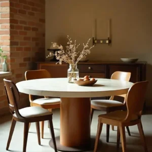 Table à manger ronde plateau travertin pied central bois | Lina