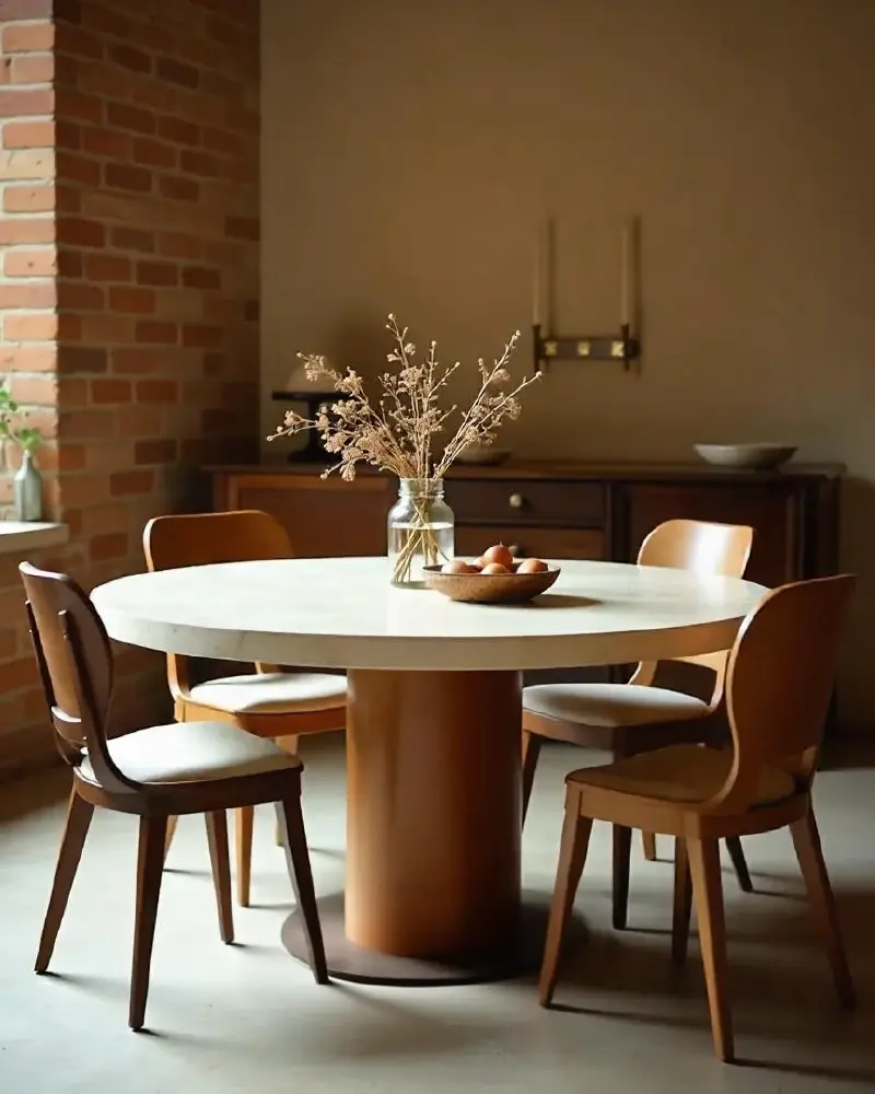 Table à manger ronde plateau travertin pied central bois | Lina