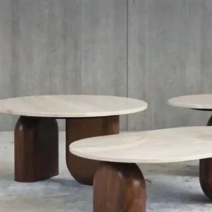 Table basse (ronde/ovale) plateau travertin pieds en bois | Terra Lune