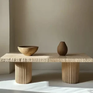 Table basse rectangulaire en travertin brut 2 pieds striés | Lyra