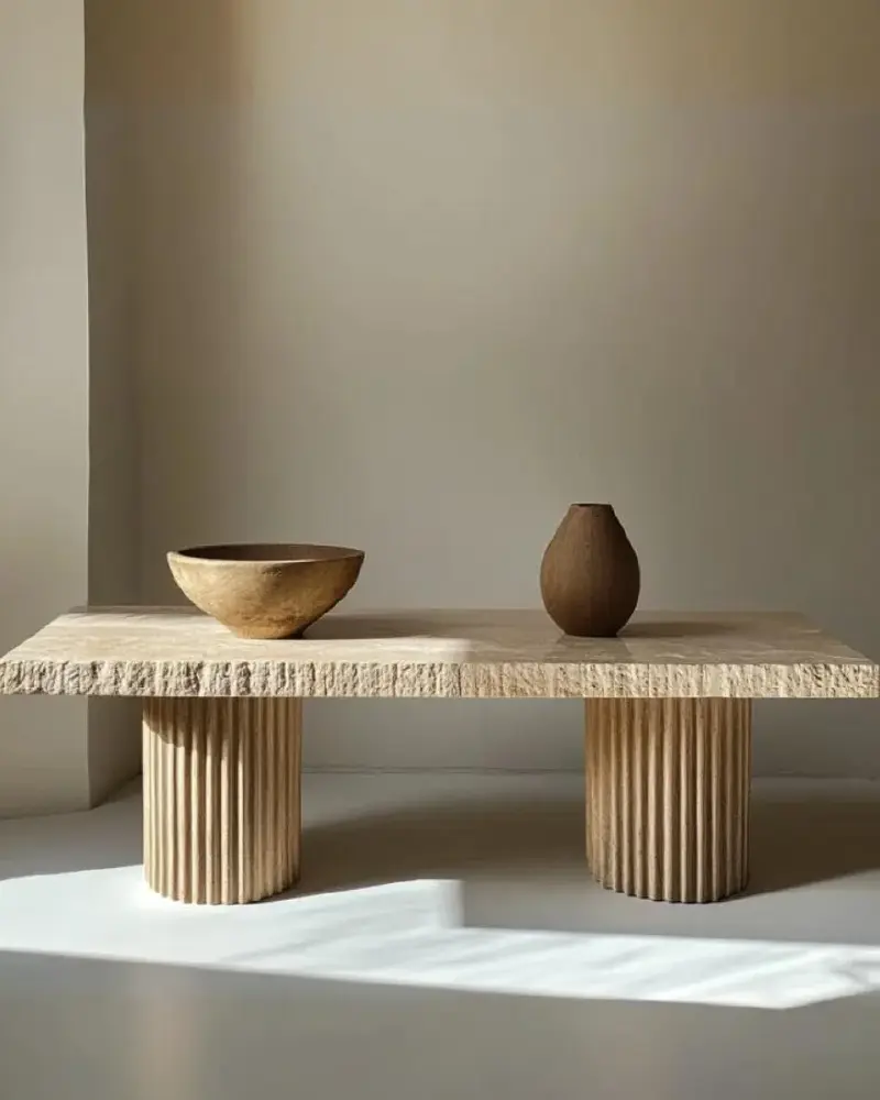 Table basse rectangulaire en travertin brut 2 pieds striés | Lyra