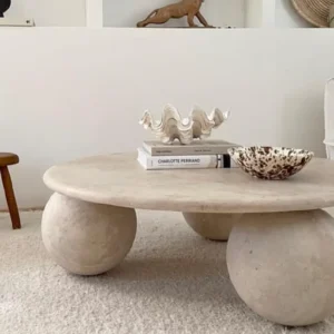 Table basse ronde en travertin 3 pieds sphériques | Olympe