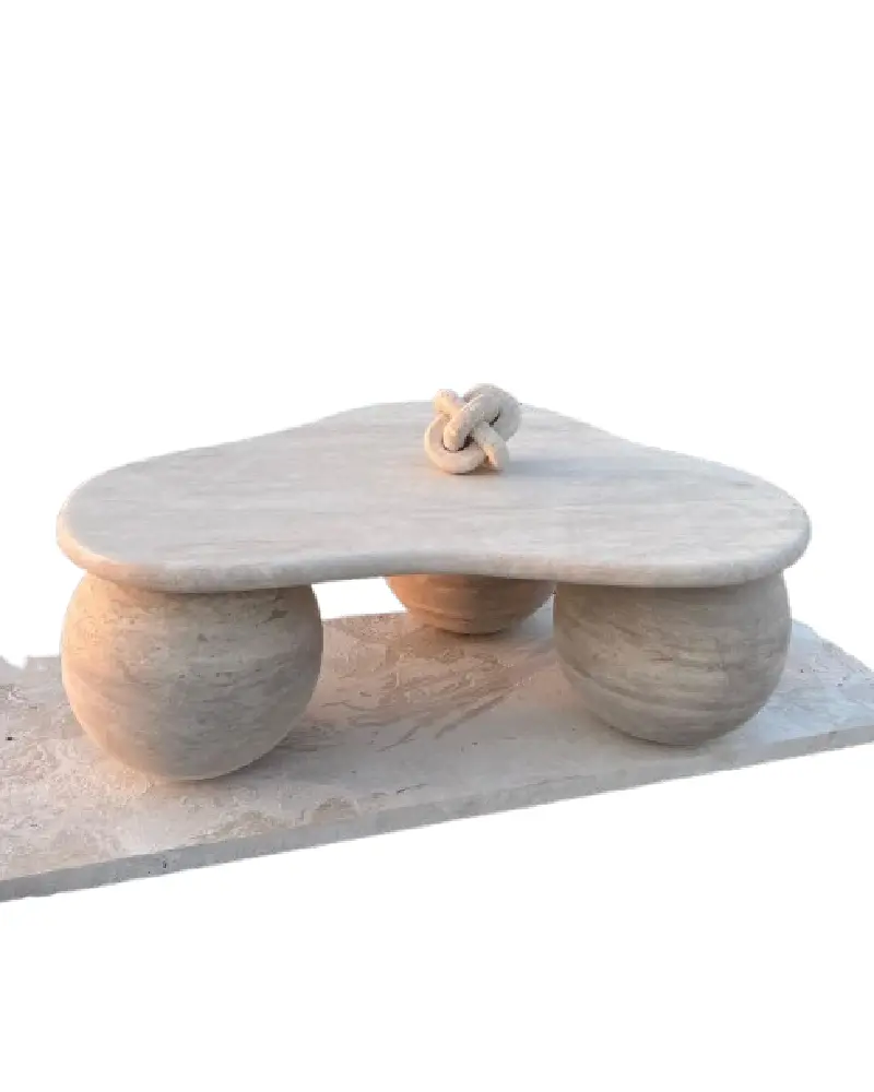 Table basse ronde en travertin 3 pieds sphériques | Olympe – Image 2