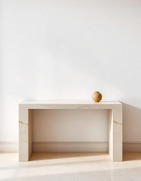 Console en travertin style "pont" avec plateau rectangle large et pieds colonnes droits et épais